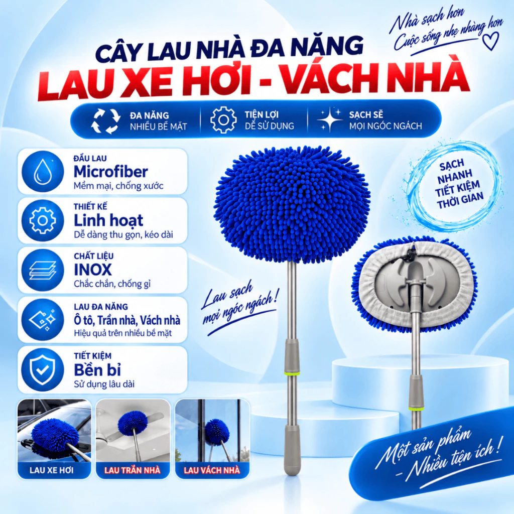 Cây Lau Nhà Đa Năng Song Anh,Lau Xe Hơi Vách Nhà,Chất Liệu Inox,Thiết Kế Linh Hoạt,Đầu Lau Chống Xước,Tiết Kiệm Bền Bỉ