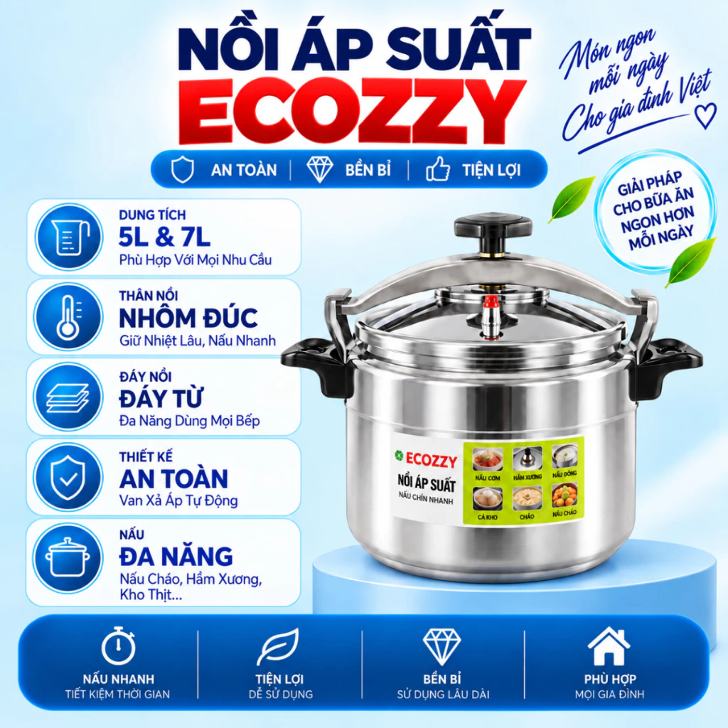 Nồi Áp Suất ECOZZY,Đáy Từ Dùng Cho Mọi Loại Bếp,Dung Tích 5L&7L,Van Xả Tự Động,Bảo Hành 12 Tháng
