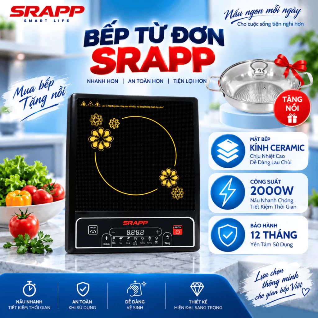 Bếp Từ Đơn SRAPP,Công Suất 2000W,Mặt Kính Ceramic Chịu Nhiệt,Dễ Dàng Lau Chùi,Tặng Kèm Nồi Lẩu,Nấu Ăn Tiện Lợi,7 Chế Độ