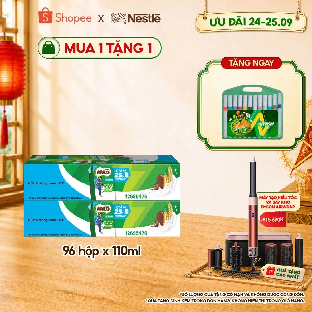 Combo 2 Thùng Sữa lúa mạch Nestle MILO ít đường (48 Hộp x 110ml)