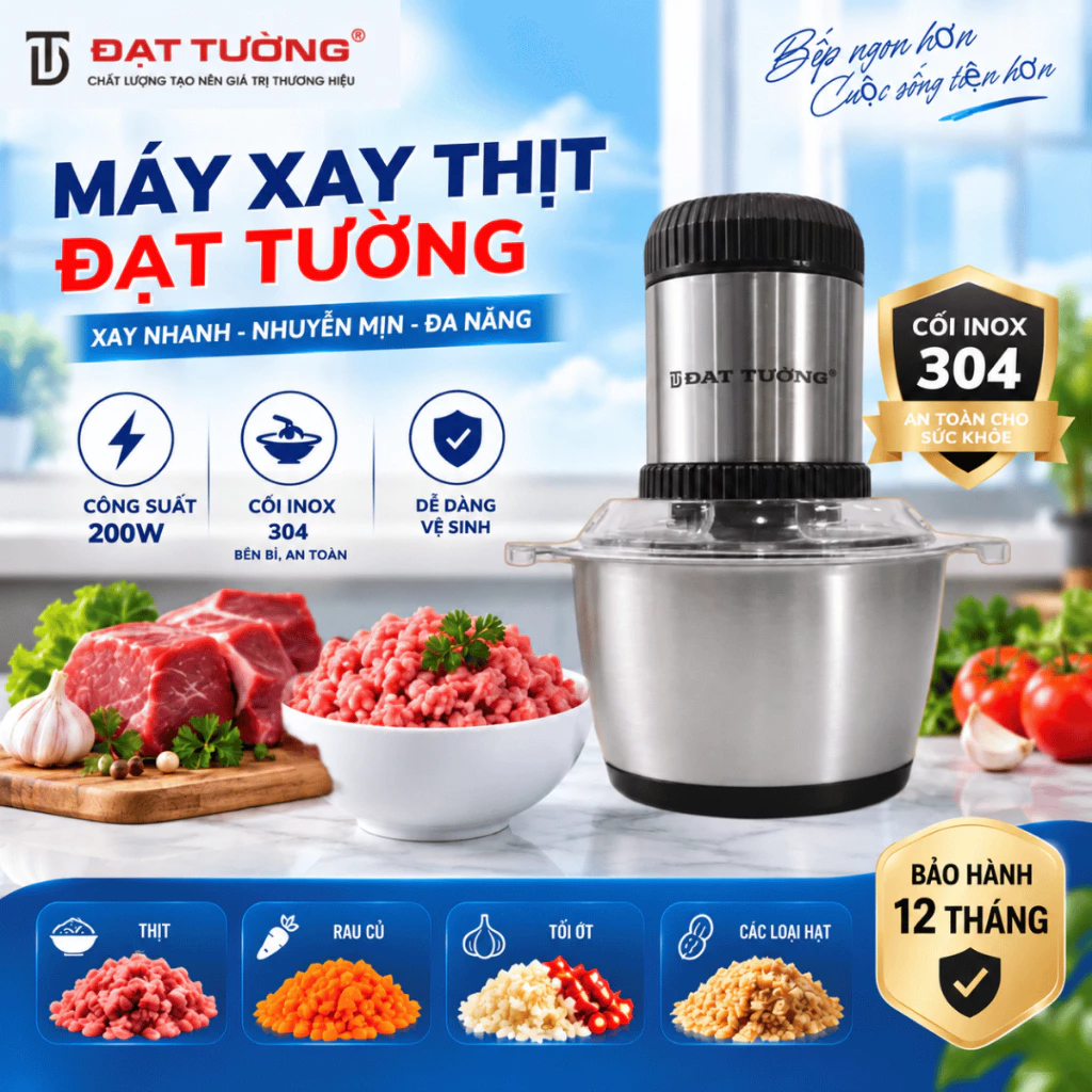 Máy Xay Thịt Đạt Tường,Cối Inox 304,Dung Tích 2L,4 Lưỡi Dao Chống Gỉ Sét,Xay Nhiều Loại Thực Phẩm