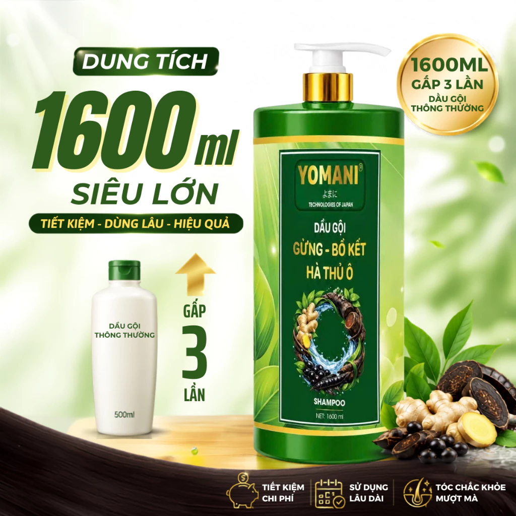 [CHAI 1600ML] Dầu Gội Gừng, Bồ Kết & Hà Thủ Ô YOMANI Giúp Tóc Chắc Khỏe, Làm Sạch Da Đầu