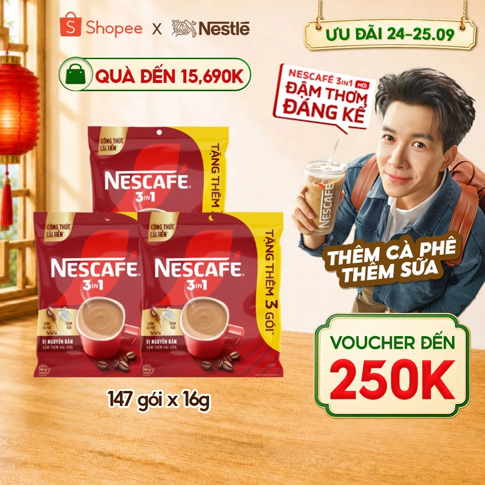 Combo 3 Bịch Cà phê Hòa tan NESCAFÉ VỊ NGUYÊN BẢN Đậm Thơm Hoàn Hảo (Bịch 46+3 gói x 16g)