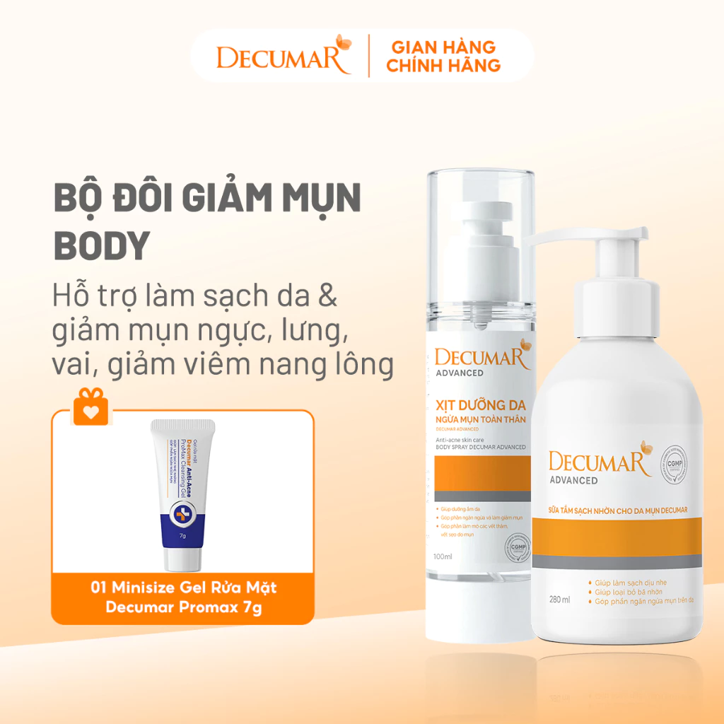 [VHL x Decumar] Combo Sữa tắm giảm nhờn 280ml & Xịt ngừa mụn toàn thân 100ml Decumar Tặng 1 Nước Tẩy Trang 20ml