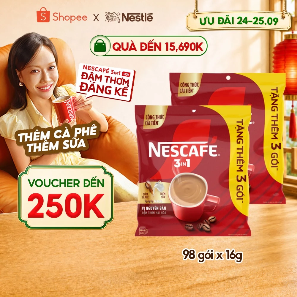 Combo 2 Bịch Cà phê Hòa tan NESCAFÉ VỊ NGUYÊN BẢN Đậm Thơm Hoàn Hảo (Bịch 46+3 gói x 16g)