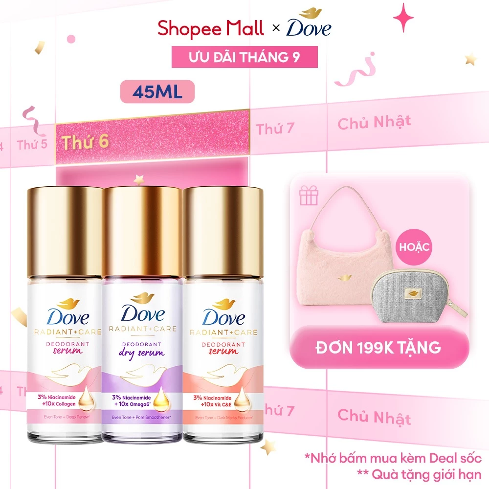 Lăn ngăn mùi dưỡng sáng cao cấp Dove tinh chất serum dành cho nữ với 3% Niacinamide 45ml