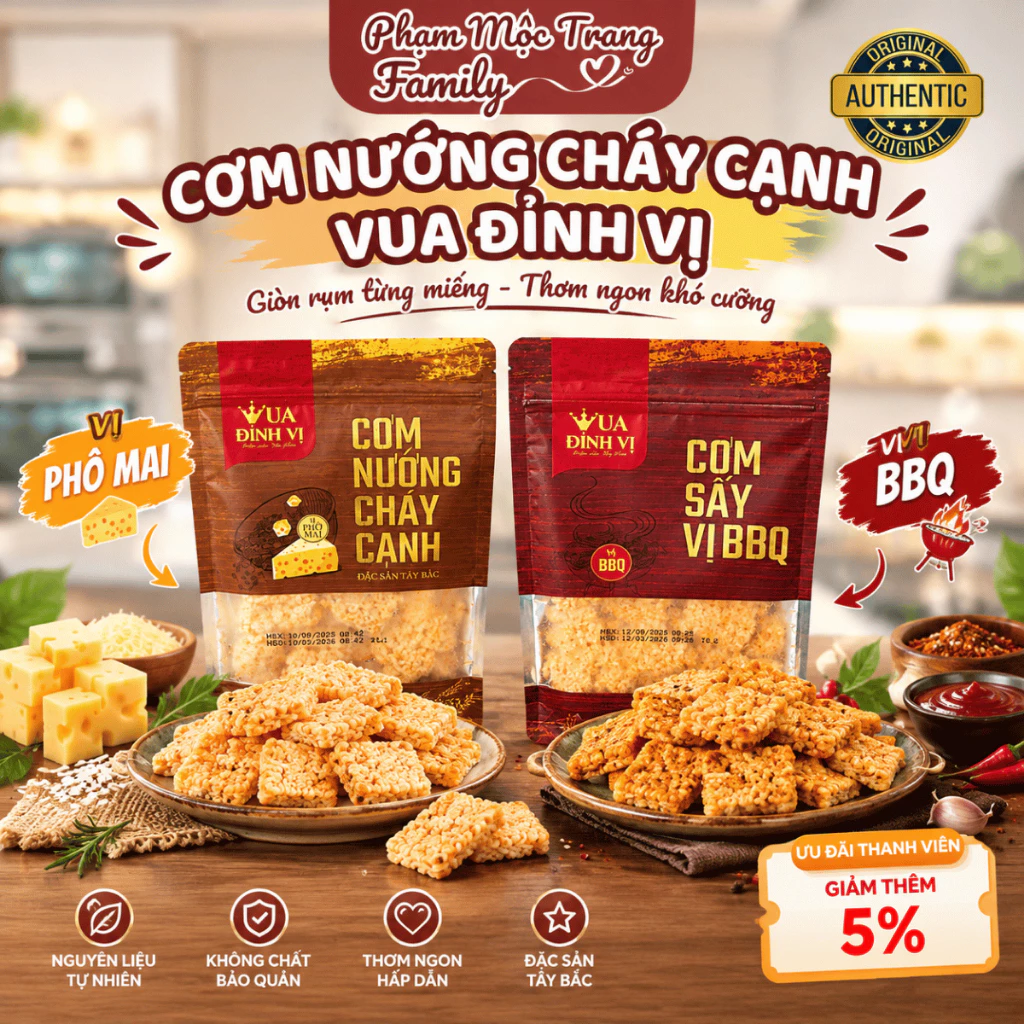 Cơm Nướng Cháy Cạnh vị Phô Mai và vị BBQ Vua Đỉnh Vị, Cơm cháy truyền thống Việt giòn rụm, siêu cuốn