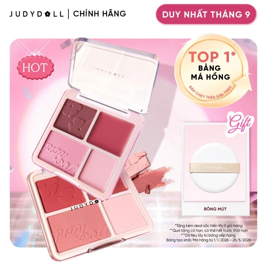 JUDYDOLLL Bảng Phấn Má hồng & Bắt sáng 4 ô 2-Trong-1 Blush & Highlight Palette 9g