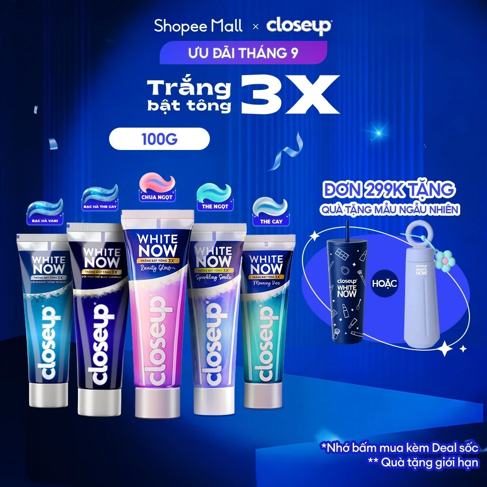 Kem đánh răng Closeup White Now - Trắng Bật Tông 3X TỨC THÌ với Công nghệ Ánh Sáng Xanh 100g