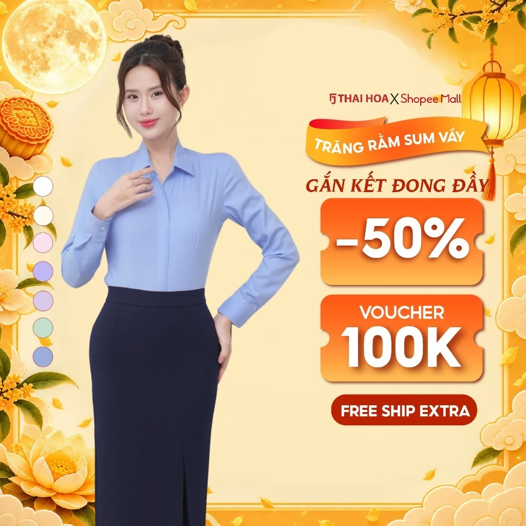 Áo sơ mi nữ 102 chất liệu cotton form ôm trơn bản nẹp khuy cao cấp dài tay Thái Hòa