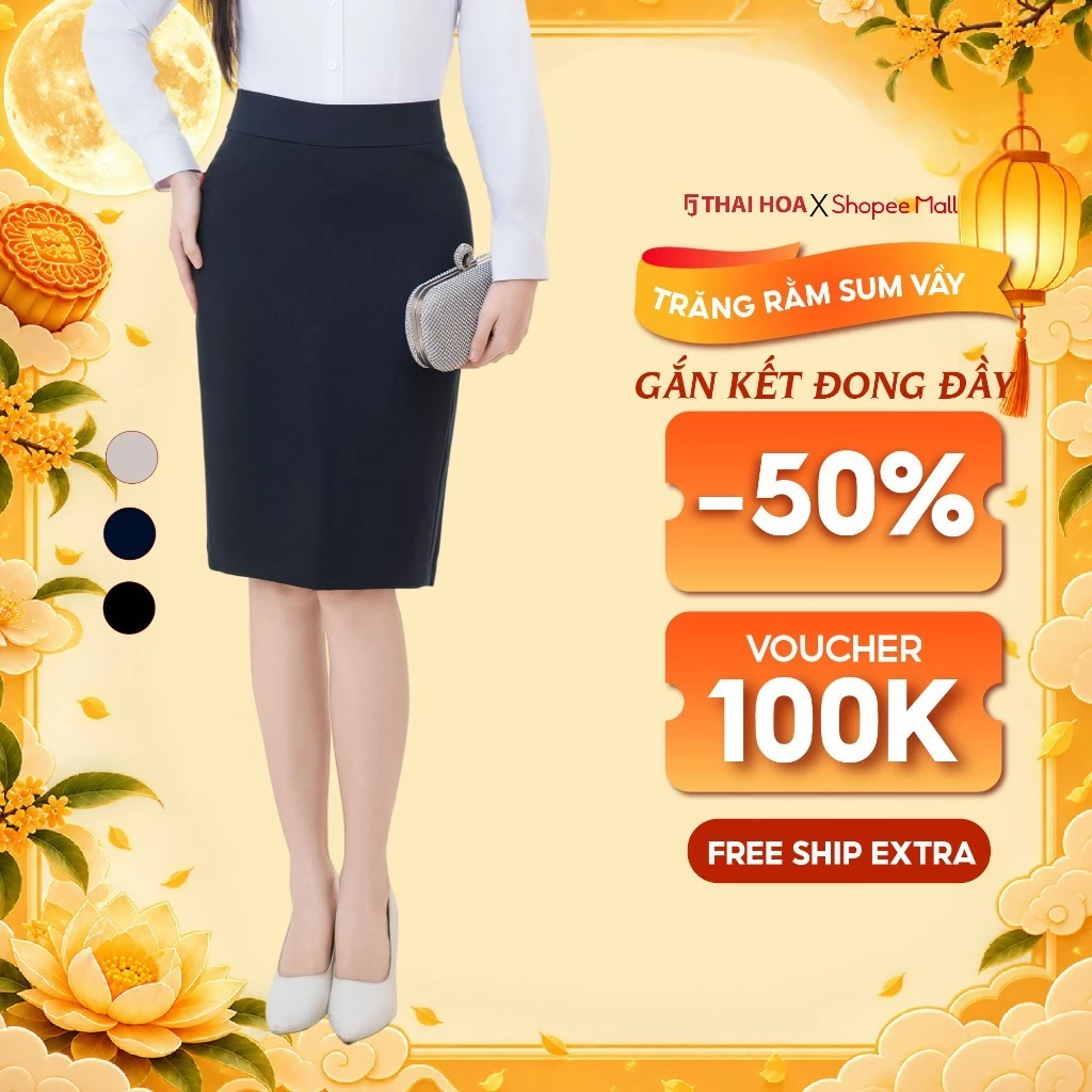 Chân váy nữ dáng ngắn 258 chất liệu gỗ sồi dáng bút chì túi đồng hồ nhiều màu Thái Hòa