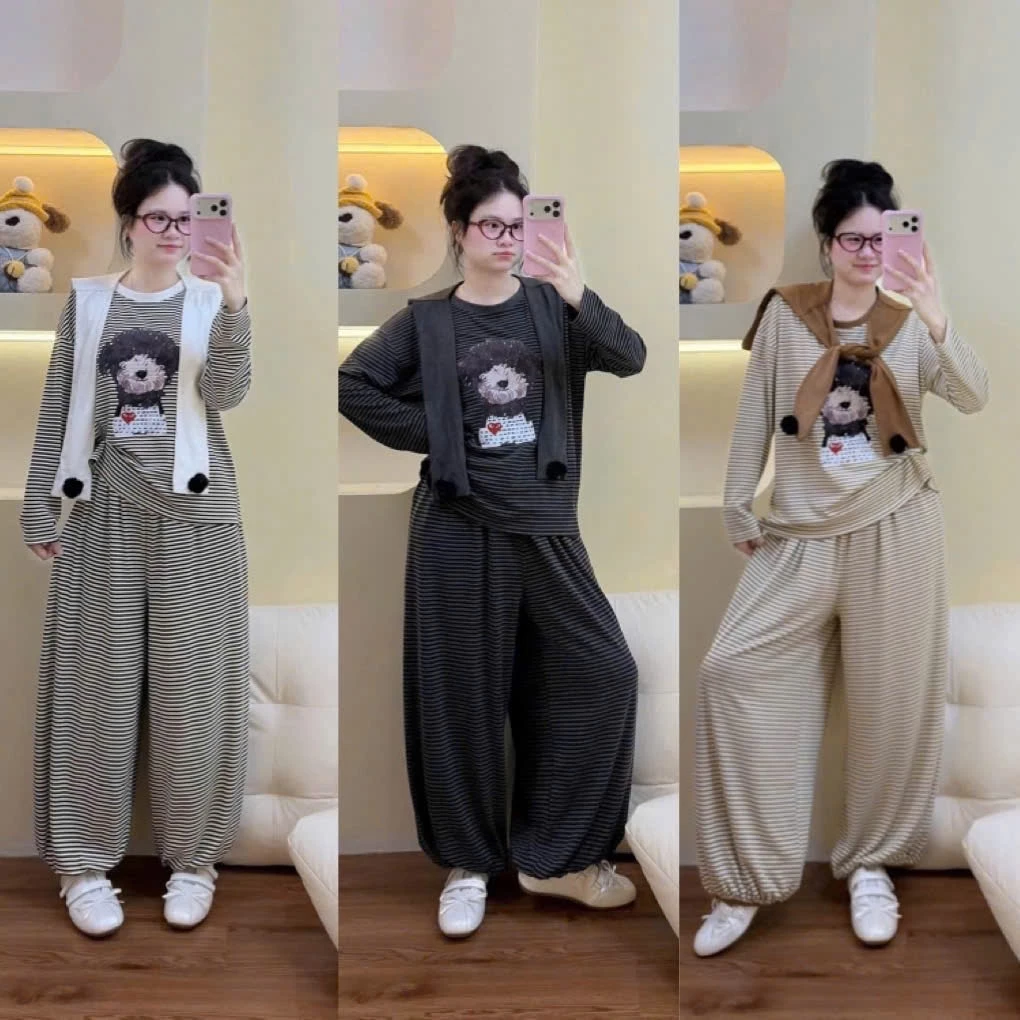 Set bộ dài tay cho nữ in hình cún dễ thương kẻ sọc kèm khăn chất len form dưới 62kg