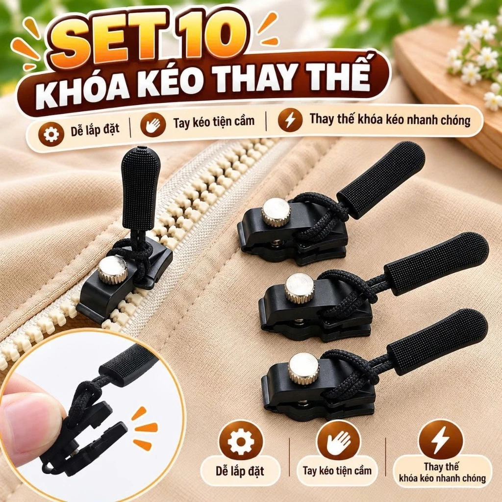 Set 10 khoá kéo thay thế ốc vặn xiết 3 kích cỡ phù hợp với mọi loại dây khoá kéo
