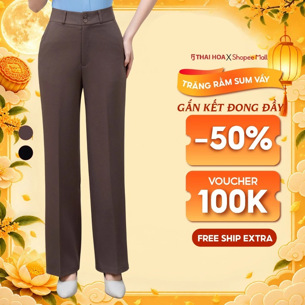 Quần ống suông nữ 274 chất liệu vỏ hàu cạp cao 5 phân 2 cúc bản cạp trên rốn Thái Hòa