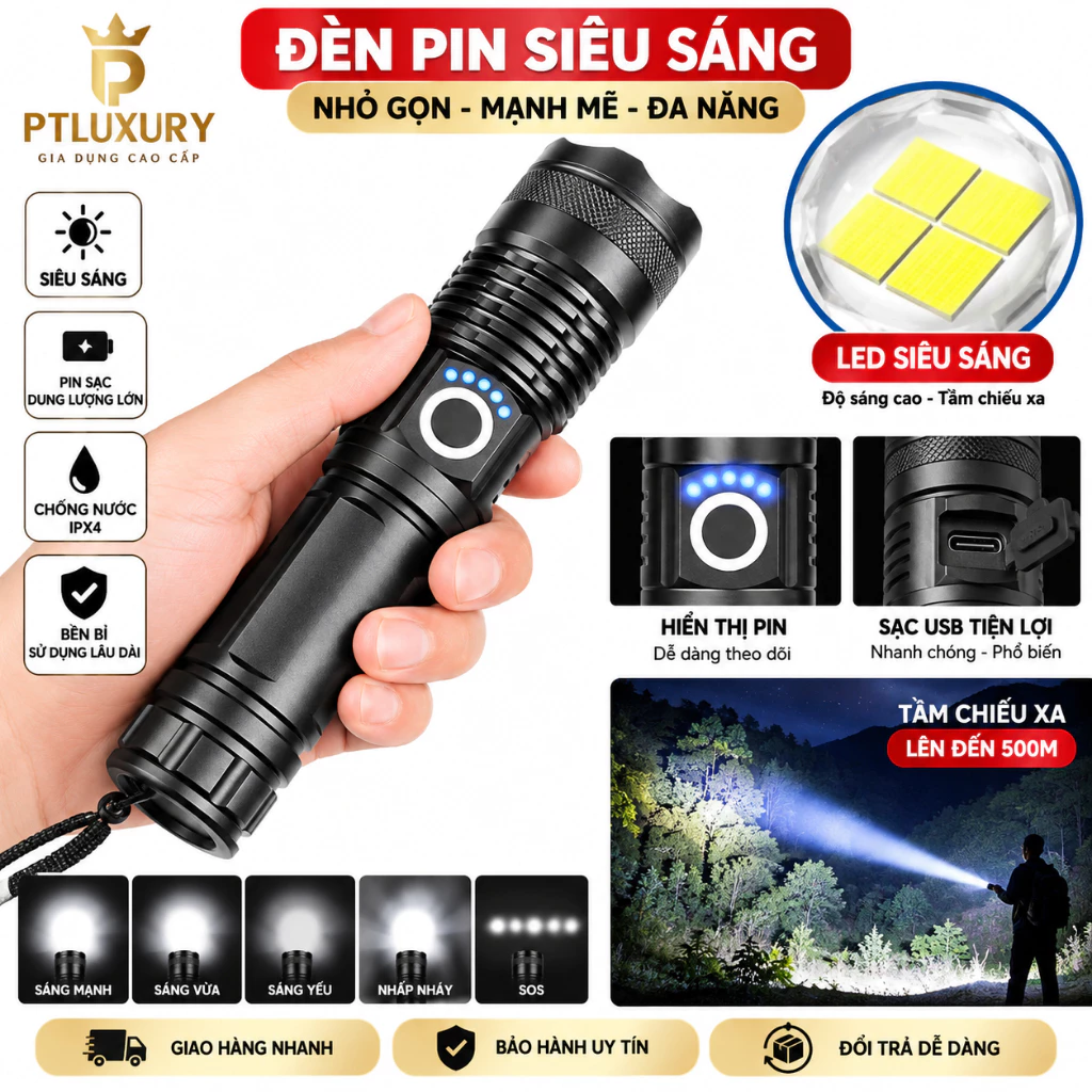 Đèn pin siêu sáng PTLUXURY cầm tay bản cao cấp pin cực trâu
