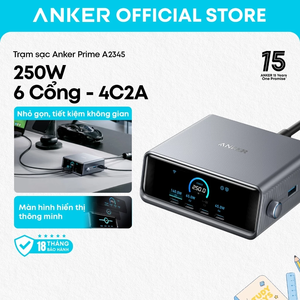 Trạm sạc nhanh Anker Prime A2345 6 cổng tối đa 250W tích hợp công nghệ GaNPrime, màn hình LCD điều khiển thông minh 2,26