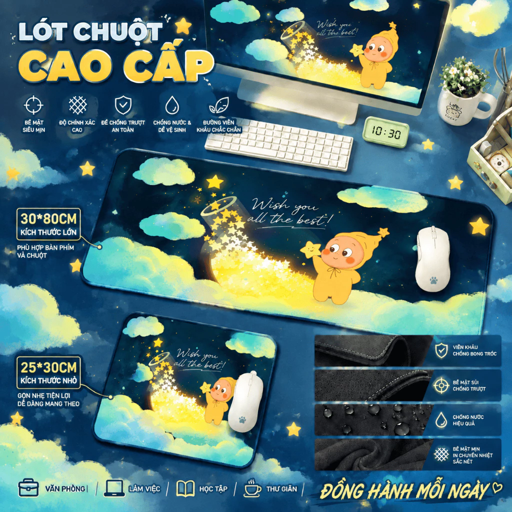 Tấm lót chuột cỡ lớn Starman cute, size 80x30cm & 30x25cm, họa tiết hoạt hình đáng yêu, chống trơn