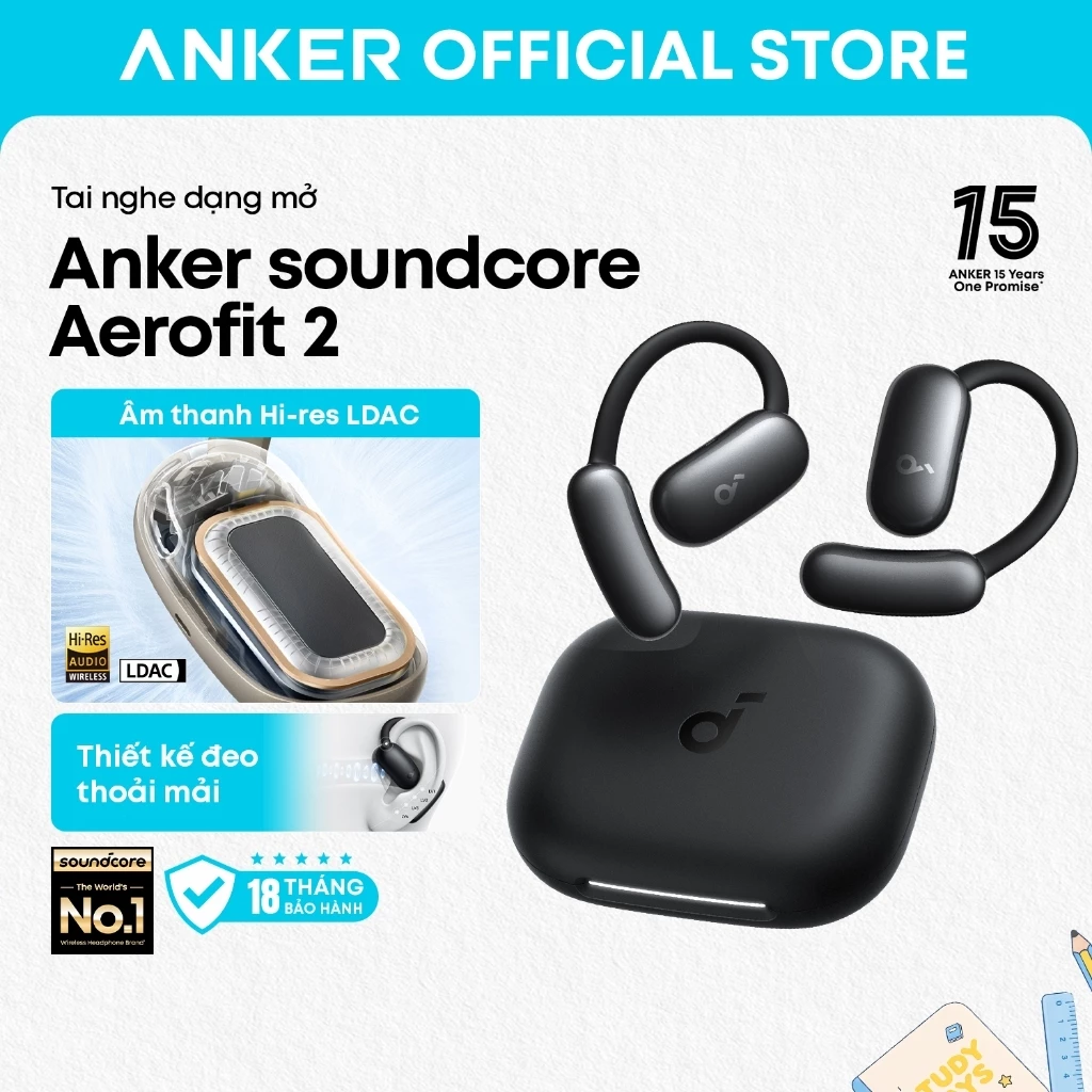 Tai nghe bluetooth kẹp tai Anker soundcore AeroFit 2, âm thanh Hi-Res, có thể điều chỉnh theo kích thước tai, đeo êm ái