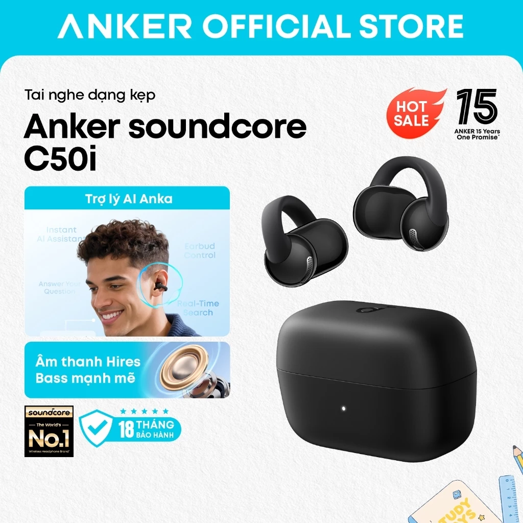 Tai nghe kẹp tai dạng mở Anker soundcore C50i, bass mạnh, gọi AI rõ nét, pin lâu tới