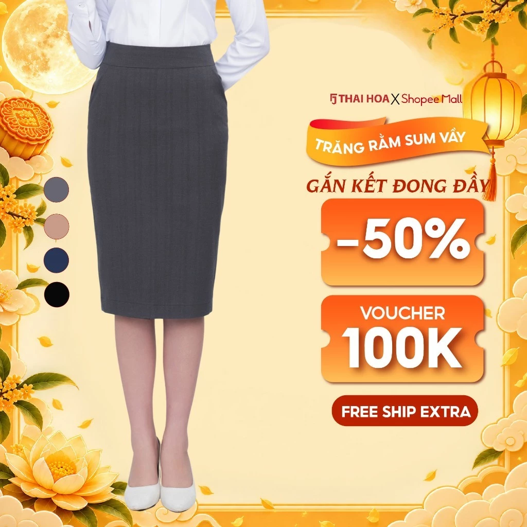 Chân váy nữ 226 chất liệu gỗ sồi phối sợi lông cừu cao cấp form bút chì ôm Thái Hòa