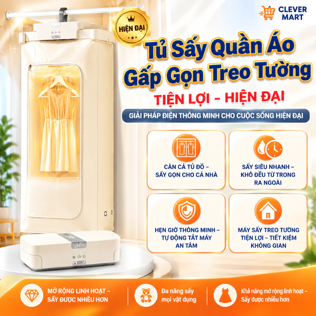 Tủ Sấy Quần Áo Gấp Gọn Treo Tường 200L, Máy Sấy Quần Áo Khử Khuẩn Tự Động Có Hẹn Giờ