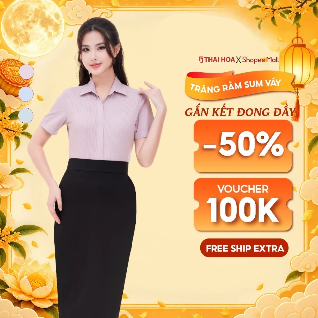 Áo sơ mi nữ 252 ngắn tay sợi Than tre vải sọc nhỡ nẹp khuy cao cấp co giãn 4 chiều Thái Hoà