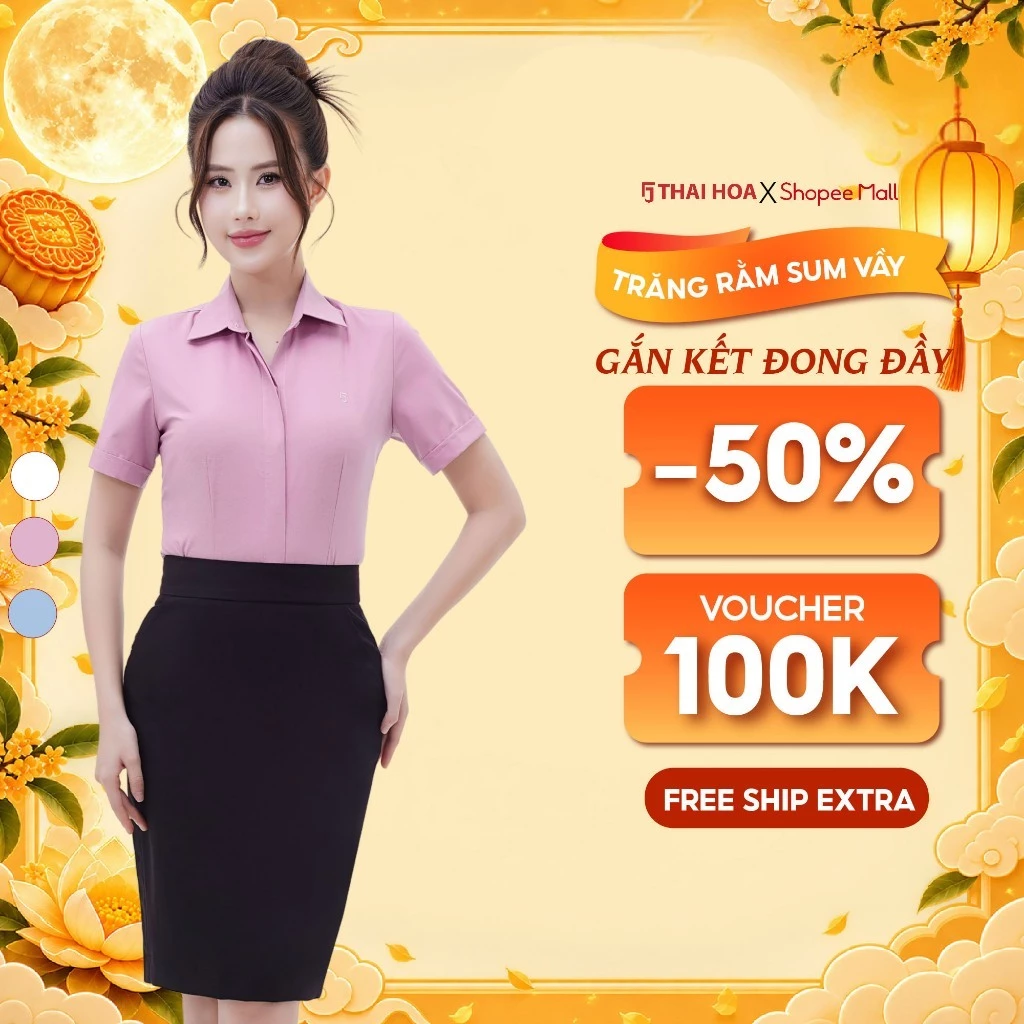 Áo sơ mi nữ 248 ngắn tay chất liệu AB Siro vải kẻ ngang dệt chìm nẹp khuy cao cấp Thái Hòa