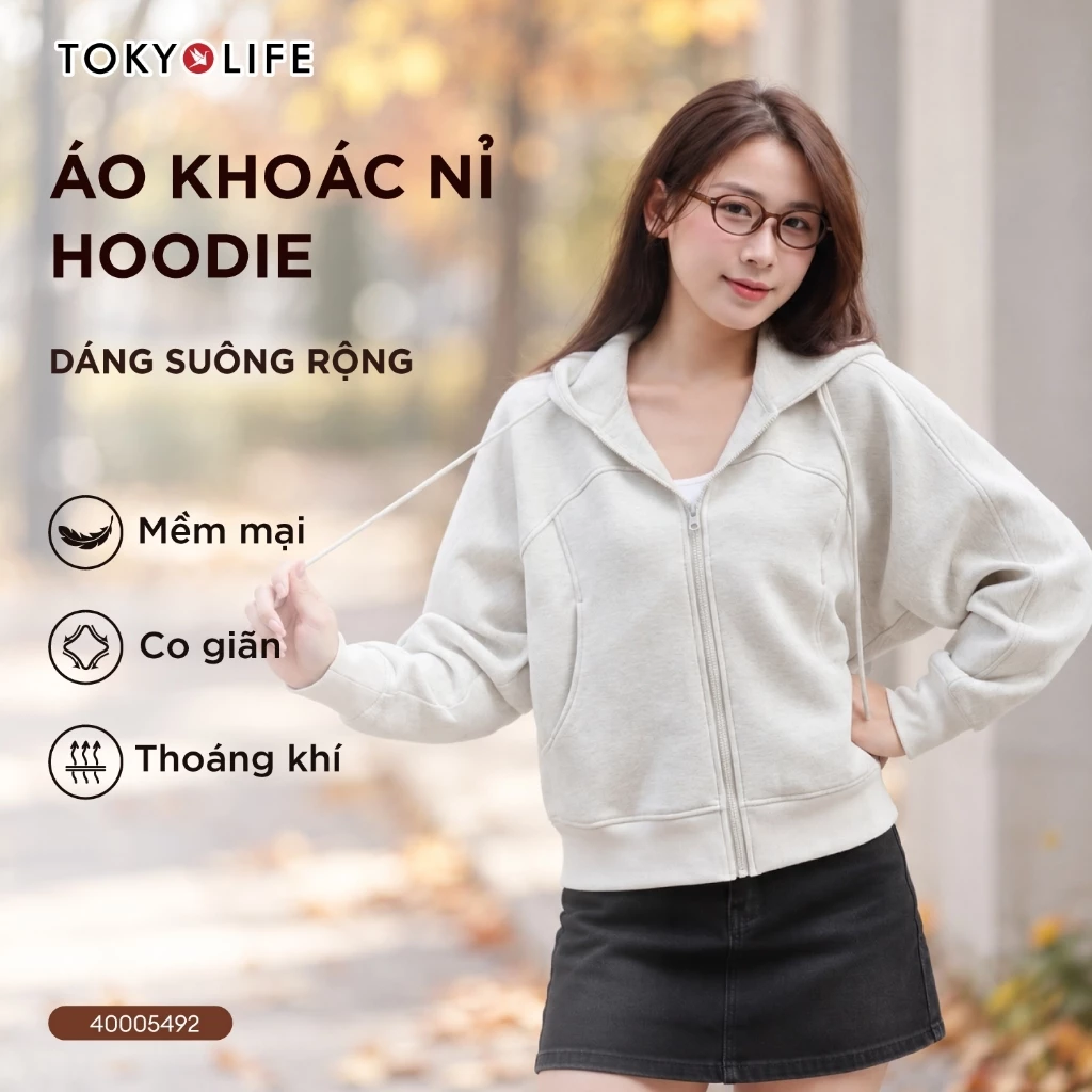 Áo Khoác Nỉ Hoodie Zip Nữ Form Boxy Vải Cotton Mềm Mại Thoáng Mát 40005492 - TOKYOLIFE