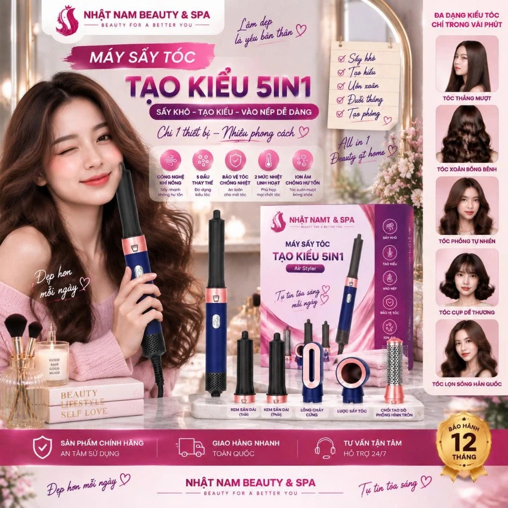 Máy Sấy Tóc Đa Năng 5in1 Kiêm Máy Làm Tóc, Uốn, Duỗi, Làm Xoăn Tự Động, Ion Âm Giúp Không Làm Hư Tổn Tóc