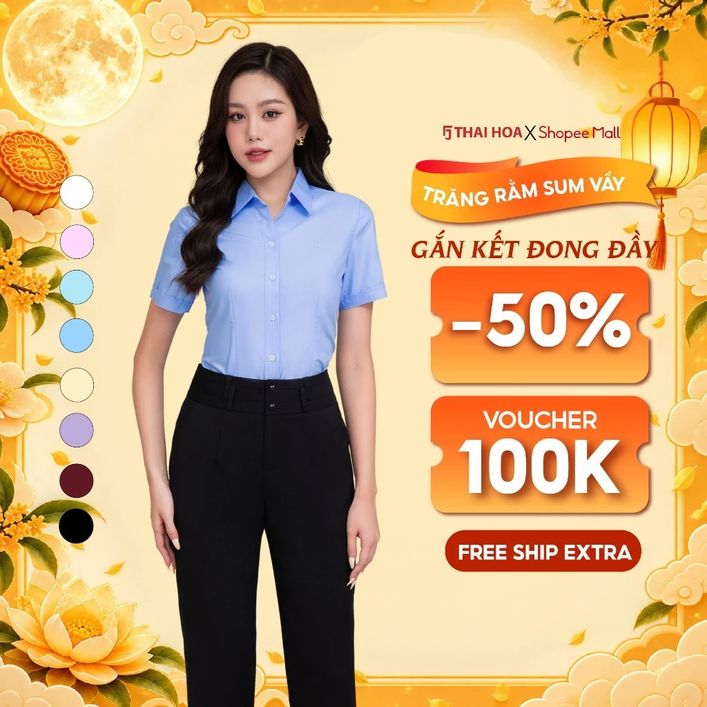 Áo sơ mi nữ R01 ngắn tay vải cotton trơn nhiều màu form ôm Thái Hòa