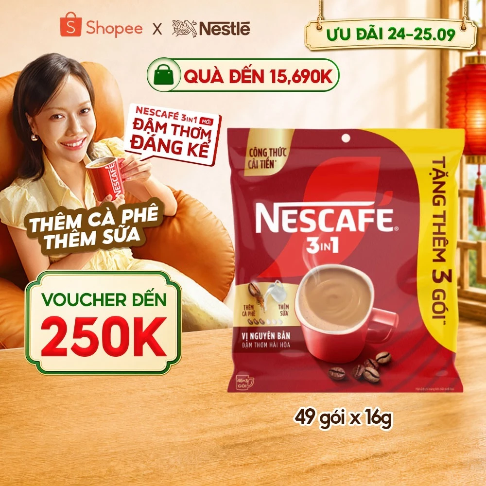 [TẶNG THÊM 3 GÓI] [CÔNG THỨC CẢI TIẾN] Túi Cà phê Hòa tan NESCAFÉ VỊ NGUYÊN BẢN 46+3 gói - Đậm thơm hài hòa