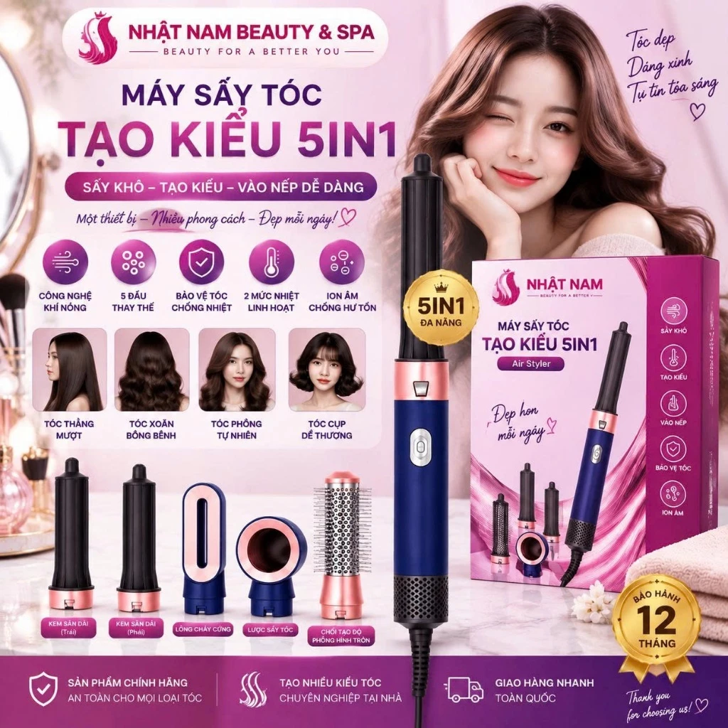 Máy Sấy Tóc Đa Năng 5in1, Máy Làm Tóc, Sấy, Uốn, Duỗi, Làm Xoăn Tự Động, Ion Âm Giúp Không Làm Hư Tổn Tóc