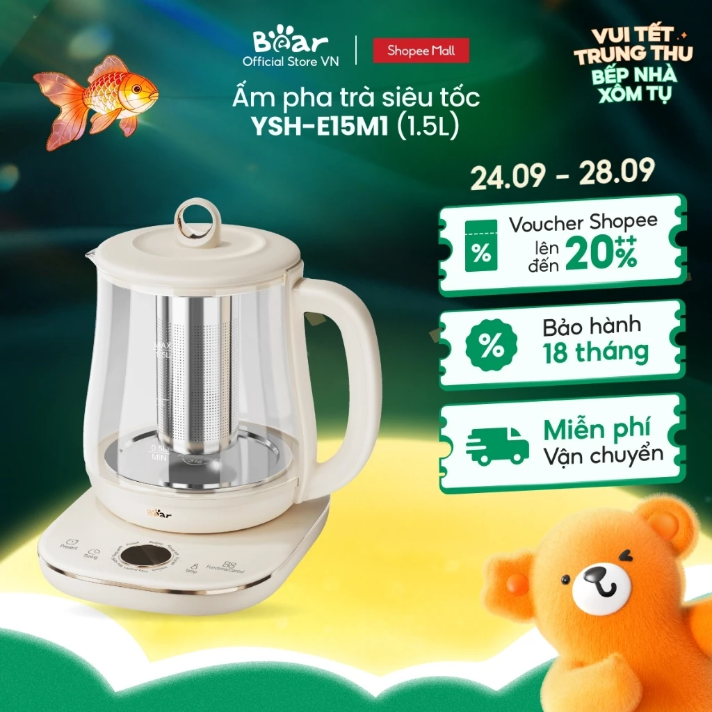 Ấm Đun Pha Trà 1.5L Siêu Tốc Bear YSH-E15M1 - Hàng Chính Hãng
