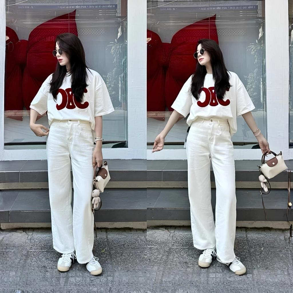 Quần jean trắng dáng ống suông, jean ống rộng phong cách Ulzzang Renee Store - Q7748