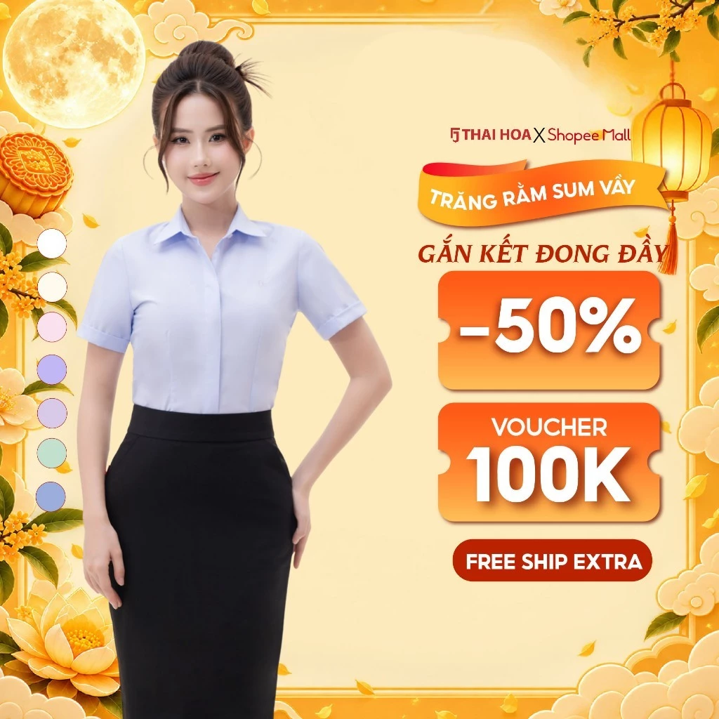 Áo sơ mi 240 vải cotton trơn cao cấp ngắn tay các màu bản nẹp khuy Thái Hòa