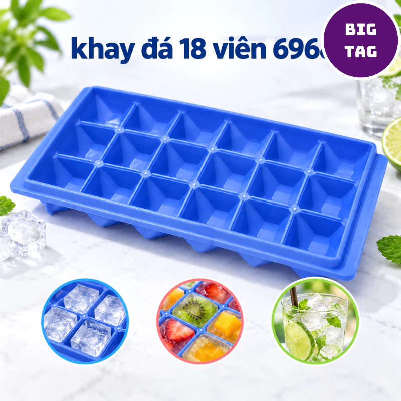 khay làm đá 18 viên nhỏ nhựa dẻo cao cấp, khay làm thạch rau câu, khuôn đá nhựa 6968