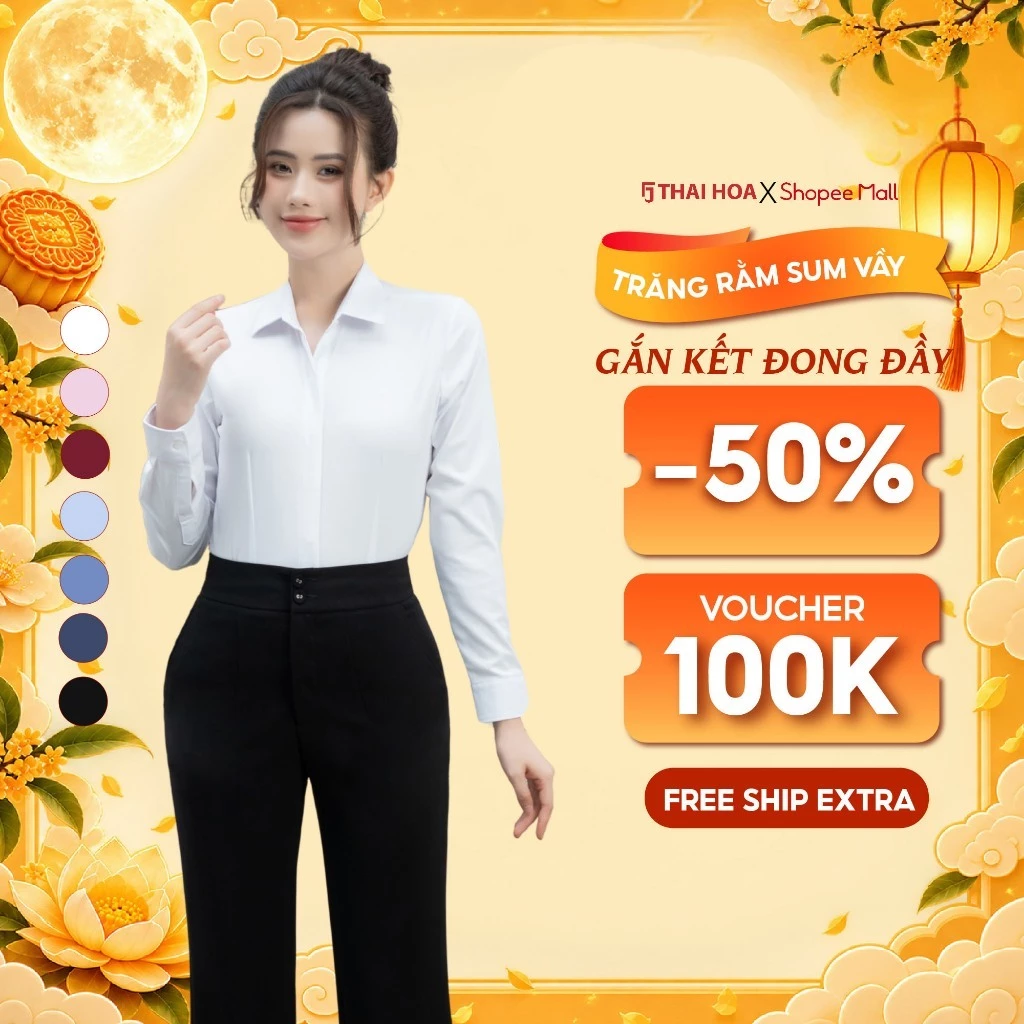 Áo sơ mi nữ 216 dài tay sợi cotton phối poly vải trơn cao cấp nẹp khuy giấu cúc Thái Hòa
