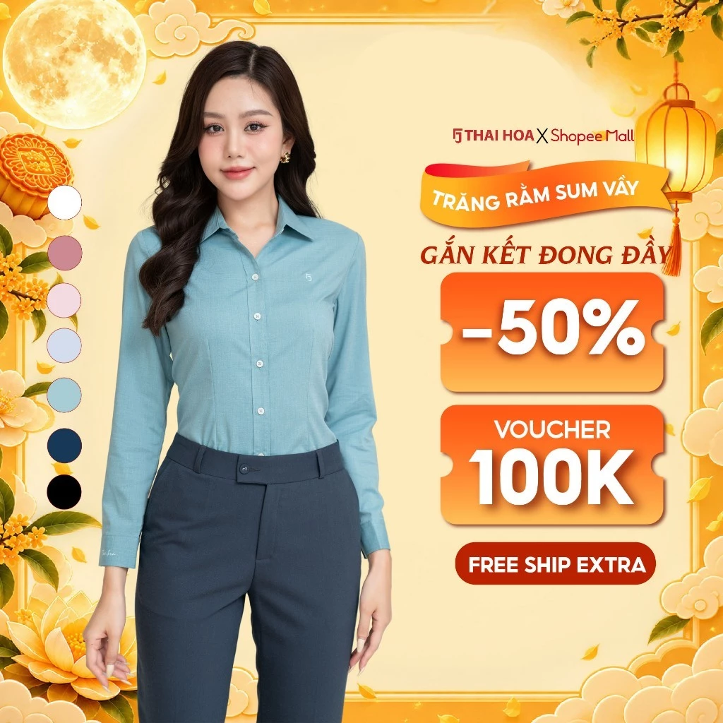 Áo sơ mi nữ R11 dài tay tinh chất sợi tre vải xước form ôm Thái Hòa dài tay nữ cổ Đức
