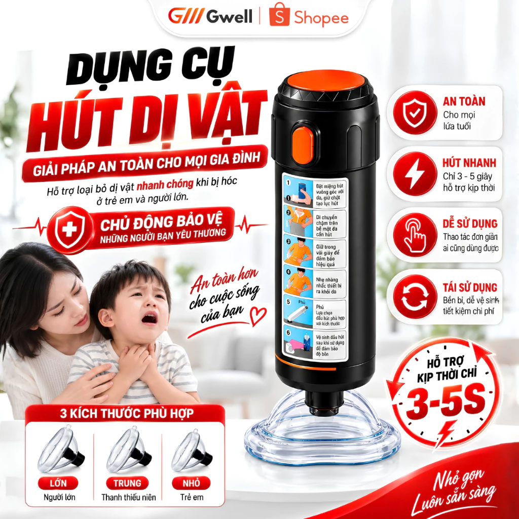 Dụng Cụ Hút Dị Vật Mắc Nghẹn Cho Gia Đình, Dụng Cụ Sơ Cứu Cho Người Lớn Và Trẻ Em, Hút Mạnh An Toàn
