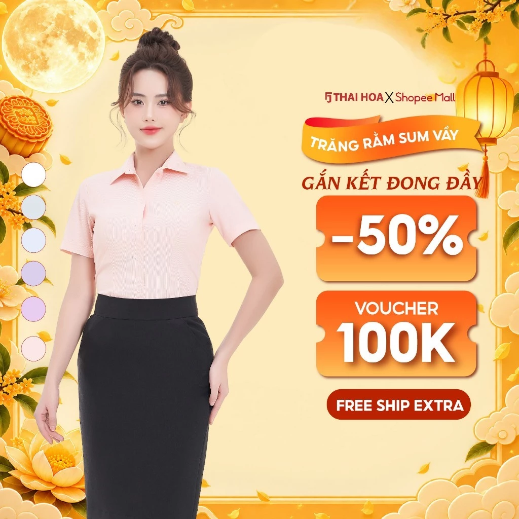 Áo sơ mi nữ ngắn tay R04 kẻ sọc tăm thiết kế công sở form ôm nhiều màu Thái Hòa