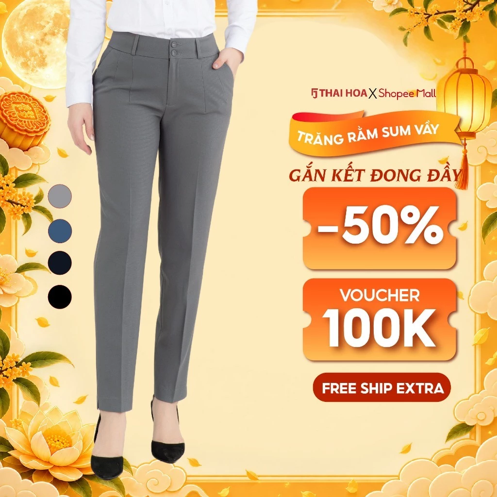 Quần tây nữ R03 nhiều màu trơn ống đứng 2 ly 2 cúc form nhỏ Thái Hòa