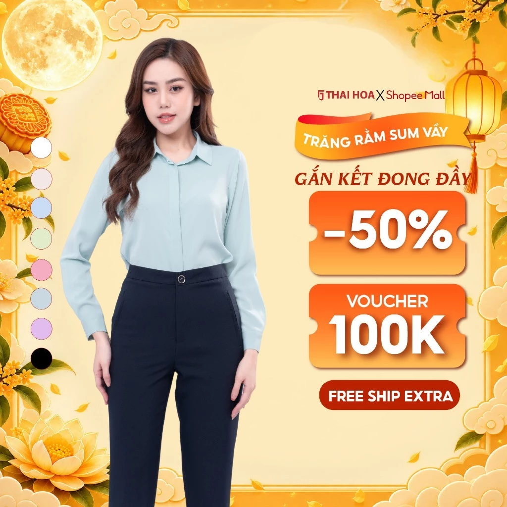 Áo sơ mi nữ R17 thiết kế dài tay sợi sen trơn form suông công sở Thái Hòa