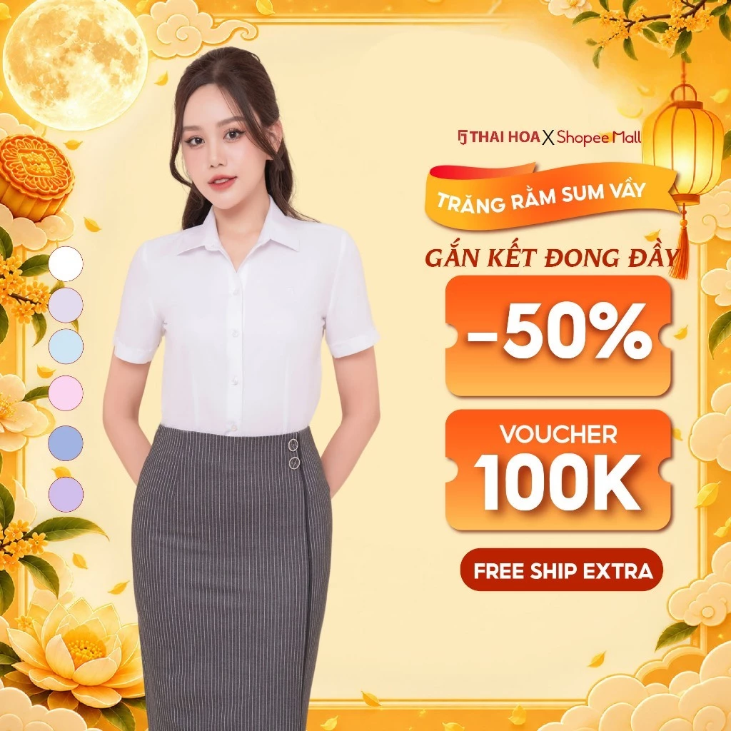 Áo sơ mi R05 ngắn tay nữ vải cotton kẻ nhuyễn form ôm các màu Thái Hòa