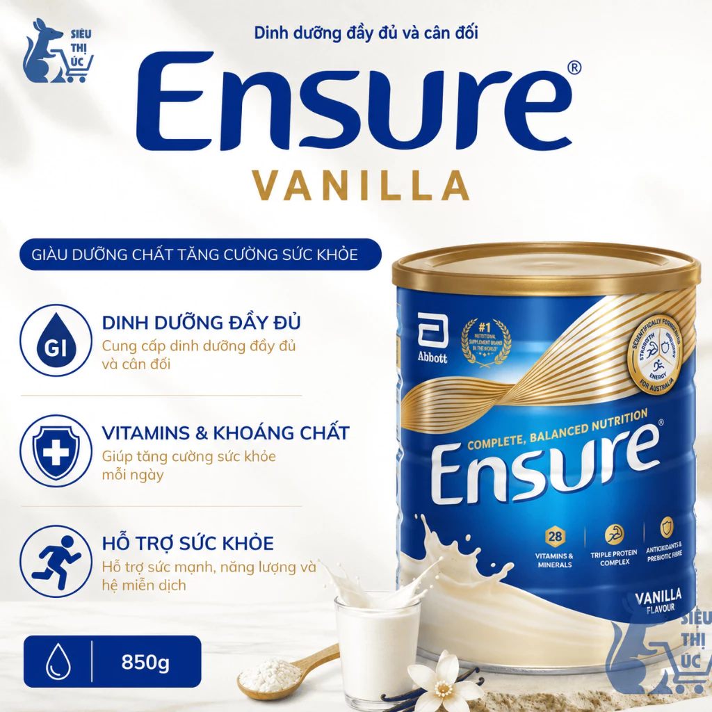 [CHÍNH HÃNG] Sữa Bột Ensure 850g Nhập Khẩu Úc Hương Vani, Bổ Sung Dinh Dưỡng Cho Người Lớn Tuổi