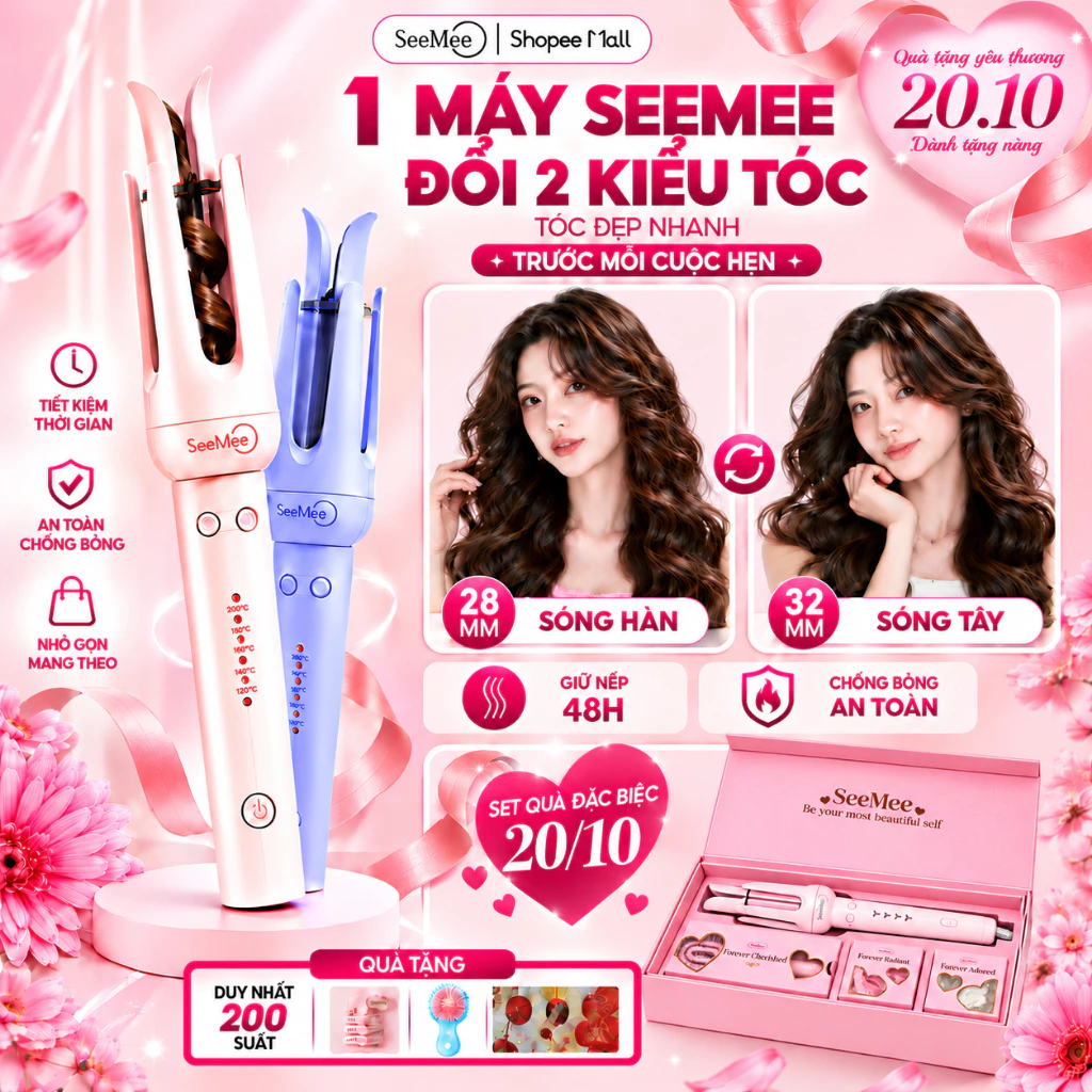 [GIÁ 301K TẠI LIVE SHOP]Máy uốn tóc tự động SeeMee tạo 2 kiểu xoăn trục 28mm 32mm giữ nếp 48h quà tặng bạn gái 20/10,LIS