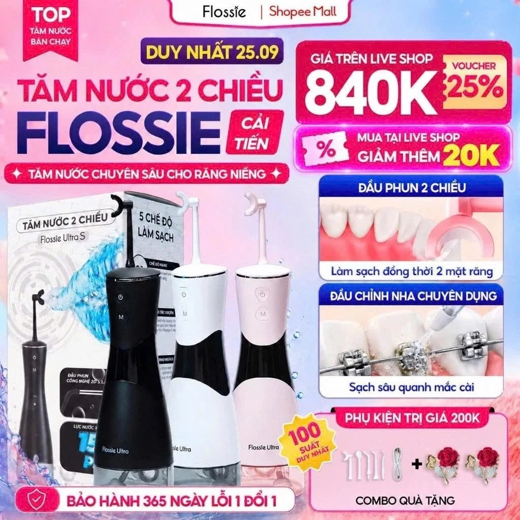 [GIÁ 840K TẠI LIVE SHOP] Máy tăm nước Flossie Ultra vòi phun 2 chiều, công nghệ xoay 360 độ cho răng niềng, KOC