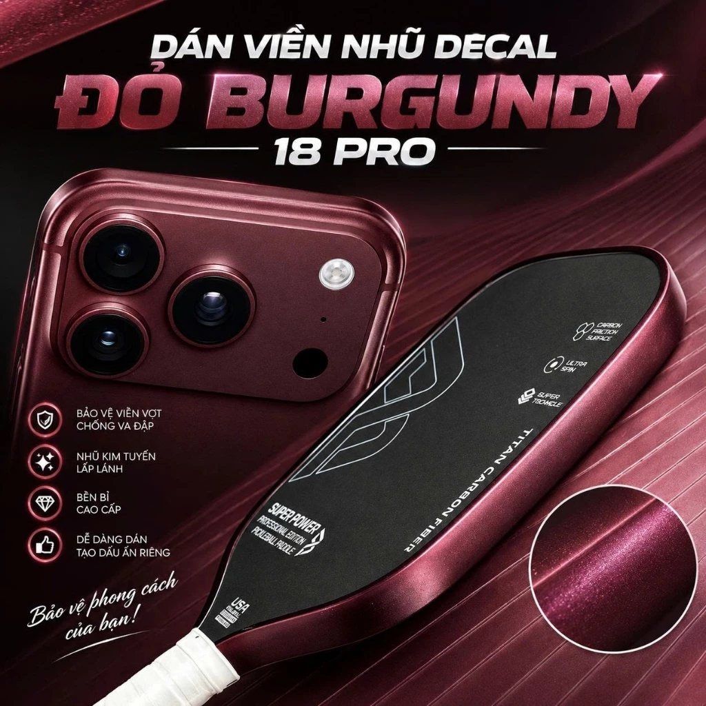 Dán viền Pickleball Đỏ Burgundy PRO 18 decal nhũ 16mm 14mm chất liệu cao cấp bảo vệ tối ưu cho Vợt01