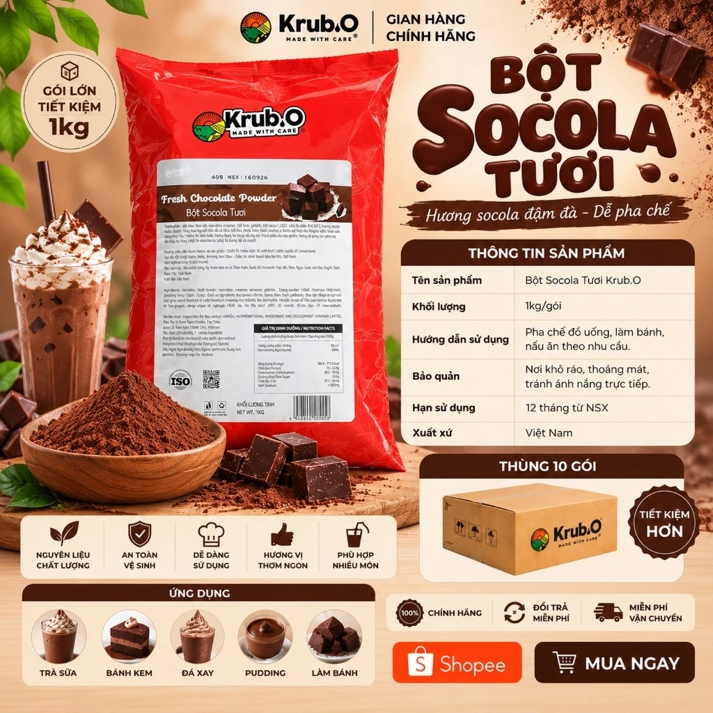 [Chính hãng] Bột Thạch Socola Tươi Krub.O –  Nguyên Liệu Pha Chế Đồ Uống,Thạch, Tráng Miệng – THÙNG 15 GÓI 1KG