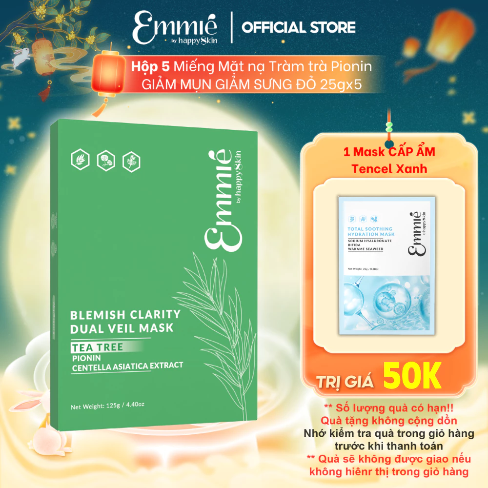Mặt nạ tràm trà Emmie Giảm Mụn Sưng Đỏ Dành Cho Da Dầu Mụn - Chất Liệu Mặt Nạ Lụa Dual Veil Khít Mặt Hộp 5 Miếng x 25g
