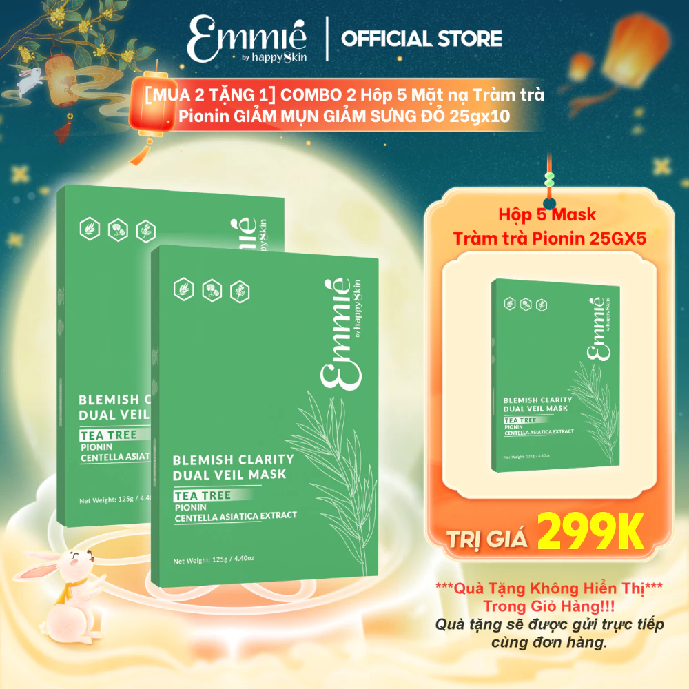 Mặt nạ tràm trà Emmie Giảm Mụn Sưng Đỏ Dành Cho Da Dầu Mụn Chất Liệu Mặt Nạ Lụa Dual Veil Khít Mặt Combo 2 Hộp 5 25gx10